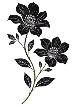 Elegant Botanical Flower Silhouette with Leaves Isolated on White Background AI
