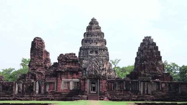 Revealing the ancient Khmer temple main tower through the inner gallery at Phimai castle, Nakhon Ratchasima, Thailand