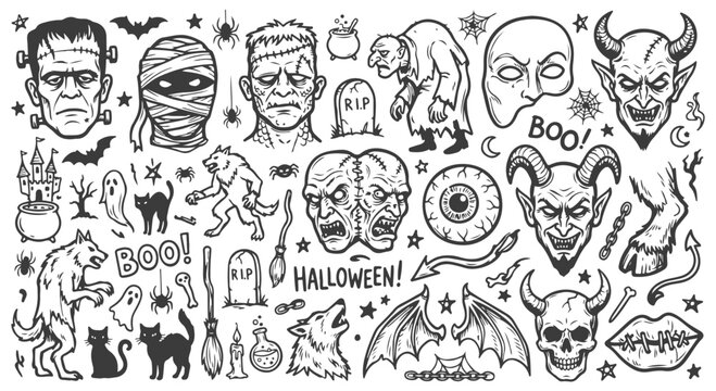 Vintage Halloween monster doodle collection, hand drawn spooky creature icons, black and white horror character vector set for party decor