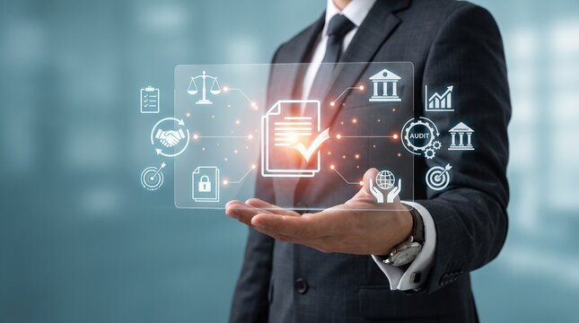 Business Finance Legal Executive Interacting with Digital Interface Showing Financial Symbols Document Management and Compliance Technology