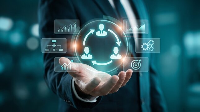 Business Teamwork Collaboration Technology Professional Using Holographic Interface for Data Analysis and Project Management