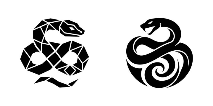 Abstract geometric snake and tribal snake symbols on white background.