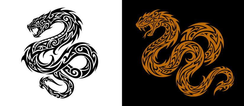 Tribal snake in black and orange, stylized dragon-like creature.