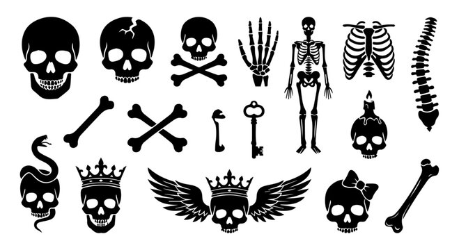 Gothic skull and skeleton vector icons set, black silhouette human bones and anatomy elements, 18 spooky death symbols for Halloween and tattoo design