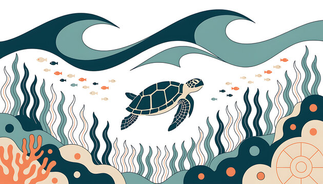 Sea turtle swimming underwater with coral reef