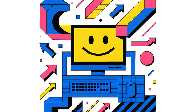 Smiling computer monitor with colorful geometric shapes
