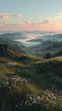 Golden sunrise illuminates a misty valley with rolling hills and wildflowers in the foreground