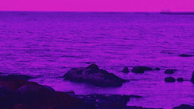Surreal Pop Art of Dramatic Vibrant Purple Seascape with Pink Sky