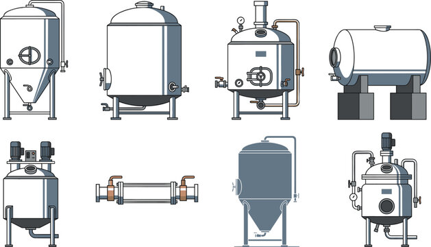 Stainless Steel Fermentation Tank and Brewery Processing Equipment Icon Set Featuring Conical Fermenters Bright Beer Tanks Mash Tuns Heat Exchangers and Industrial Mixing Vats
