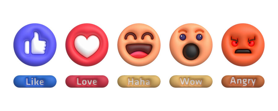 3D Social Media Reaction Icon Set, Vector Emojis Isolated on White Background