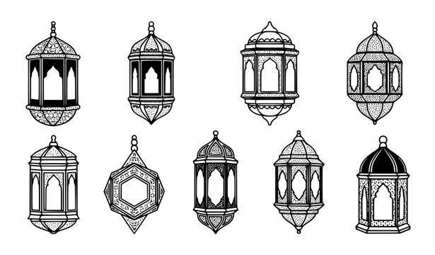 Traditional Arabic Lantern Fanous Vector Icon Set for Islamic Ramadan Kareem Celebrations Eid Mubarak Graphics and Middle Eastern Festive Ornament Designs