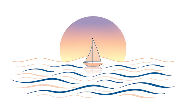 Sailing boat on ocean waves at sunset