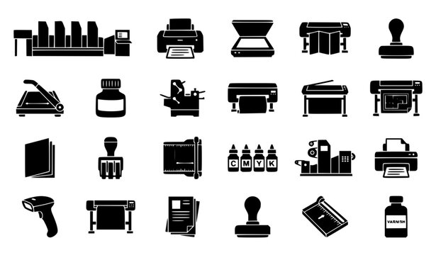 Commercial Printing Press and Office Typography Equipment Silhouette Icon Set Featuring Printer Scanner Plotter Stamp Ink and Cutter Symbols