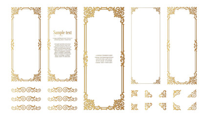 Set of luxury gold decorative vertical frames and corner borders for elegant wedding invitations and greeting card designs Vector © mdlimon