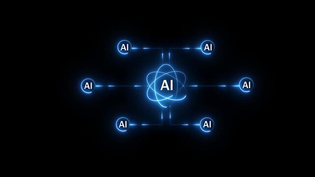 AI Sub-Agent Network Connected to Centralized Artificial Intelligence Core on Motion Graphic Animation.....