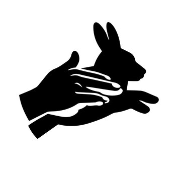 Black silhouette hands forming rabbit shadow puppet on white wall, flat vector, minimal line art, high contrast