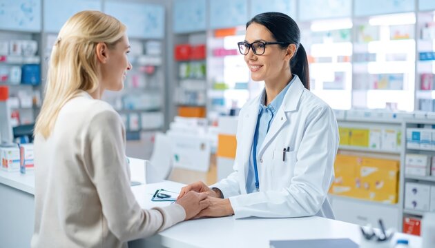 Pharmacist Consulting with Customer About Prescription in a Modern Pharmacy