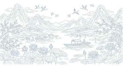Traditional Chinese Landscape Painting: Man Rowing Boat Among Lotus Flowers and Mountains © purnama