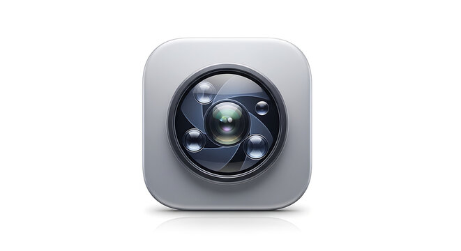 Camera lens icon, gray metallic button, photography symbol, app logo