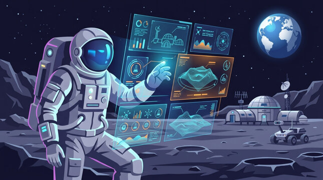 Astronaut interacting with futuristic holographic interface on alien planet.