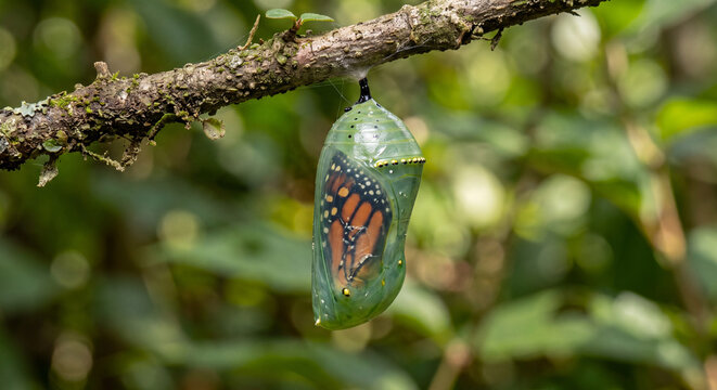 Monarch Chrysalis on Branch: A Monarch butterfly cocoon hangs suspended from a moss-covered branch, hinting at the transformation and emergence to come.