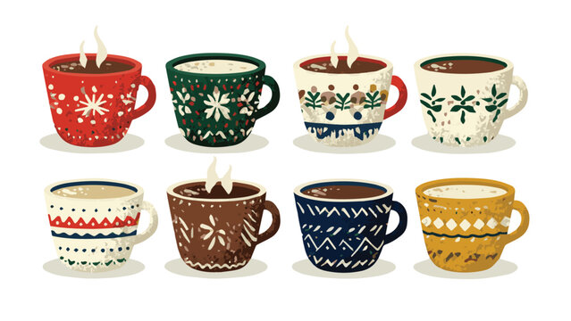 Collection of festive Christmas themed coffee mugs with colorful seasonal patterns and warm beverage inside for holiday celebration and cozy moments