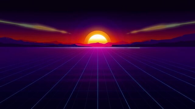 Vibrant Sunset over Futuristic Grid Landscape with Glowing Horizon Lines for Digital Backgrounds
