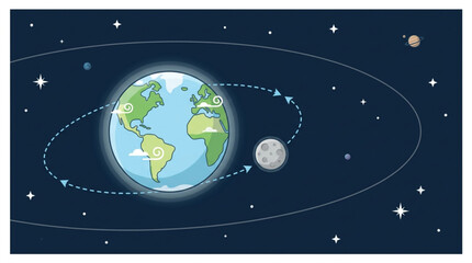 Fototapeta premium Earth and Moon orbiting in space with stars and planets.