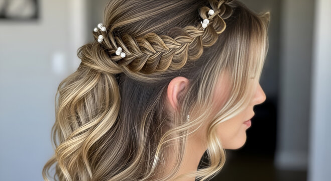 Half braid hairstyle with elegant blonde waves.