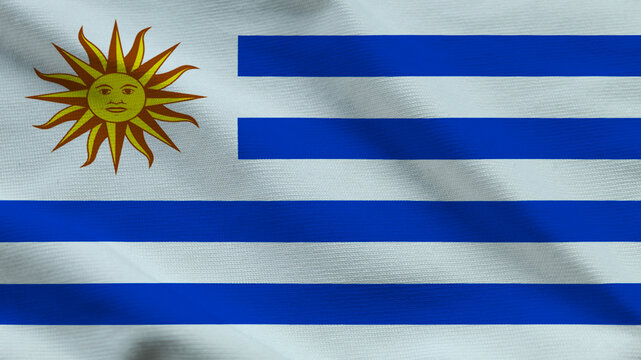 National flag of Uruguay on wavy cloth. Features blue and white stripes with a golden sun in the canton. Professional top-down view for national news and holidays.
