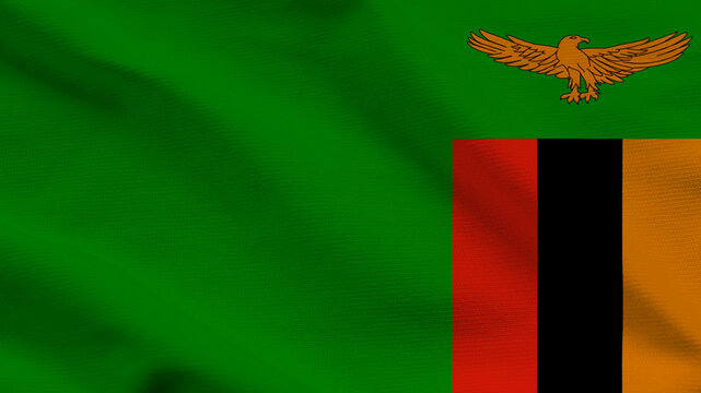 National flag of Zambia on wavy cloth. Features a green field with a colorful block and soaring eagle. Professional top-down view for news and independence celebrations.
