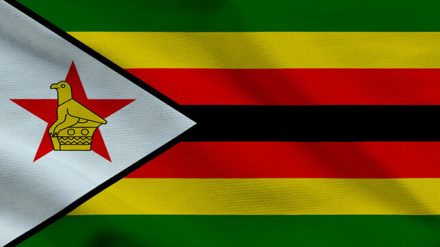 National flag of Zimbabwe on wavy cloth. Features colorful horizontal bands with the Zimbabwe bird. Top-down view for national holidays and news themes.