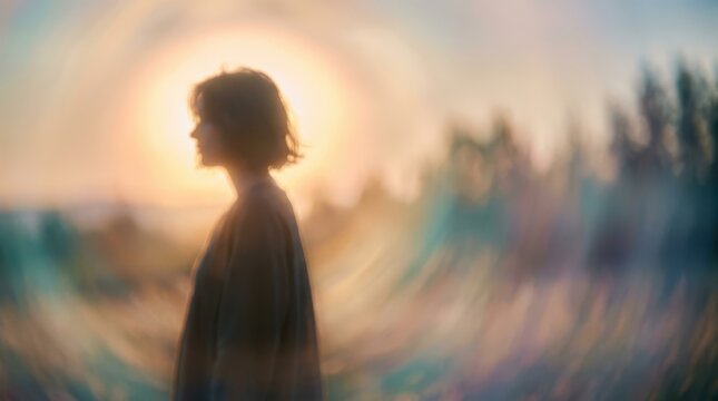 Silhouette of a woman standing in a field at sunset