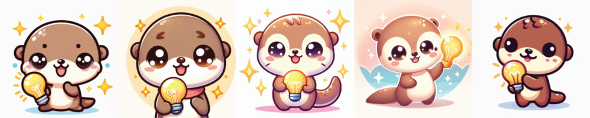 Vector of a cute cartoon otter character holding a light bulb © FirdianKrisna