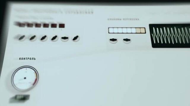 Virtual laboratory test bench interface with function blocks, toggle switch controls, an input grid, and an oscilloscope screen