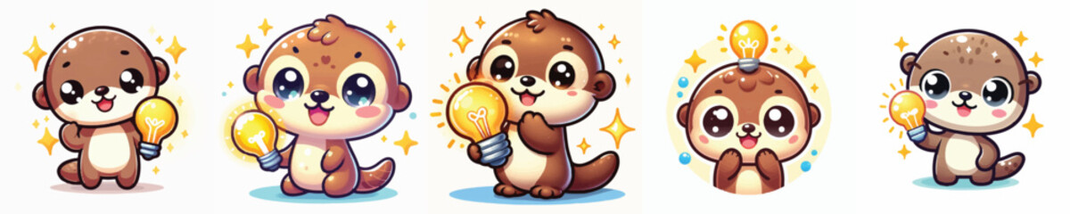 Vector of a cute cartoon otter character holding a light bulb © FirdianKrisna