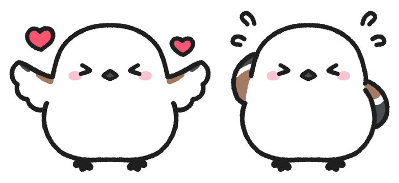 嬉しい、照れているシマエナガのイラストセット