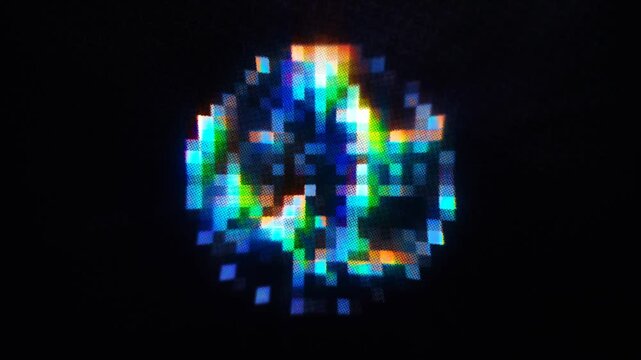 Retro digital glitch effect with chromatic aberration on a circular pixelated shape over a dark textured screen background.