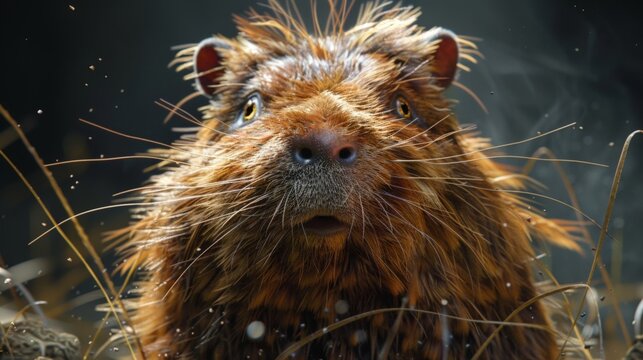 Cozy, wet rodent with wide, curious eyes. Damp fur sticks to his face. Tiny ears twitch in stillness. Sunlight glints off water droplets. He looks directly at viewer. Perfect for nature, wildlife