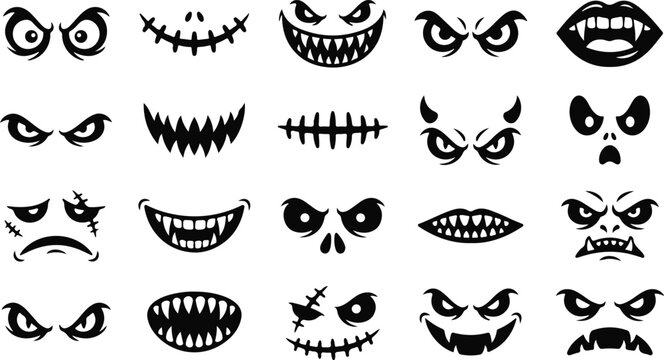 Halloween facial expressions and mouths silhouette set