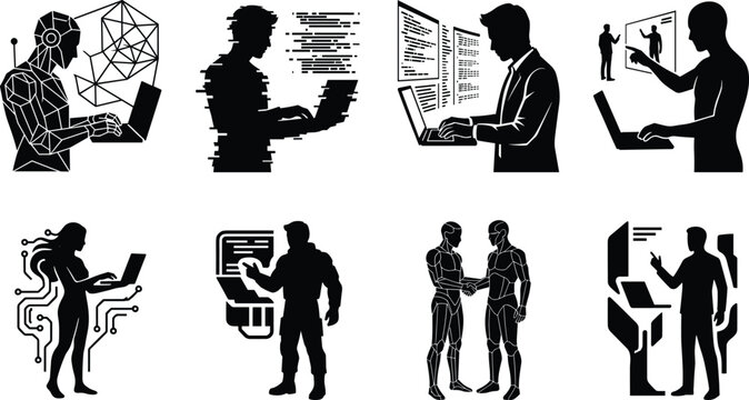 Artificial intelligence and software programming silhouette vector bundle featuring developers hackers programmers coding robots shaking hands and futuristic interfaces