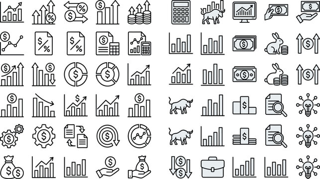 Finance and Business Growth Icons Set &ndash; Stock Market, Investment, Trading (Outline & Glyph)
