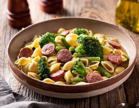 orecchiette pasta with broccoli rabe and sliced sausage in olive oil broth served in rustic ceramic bowl on aged wood table