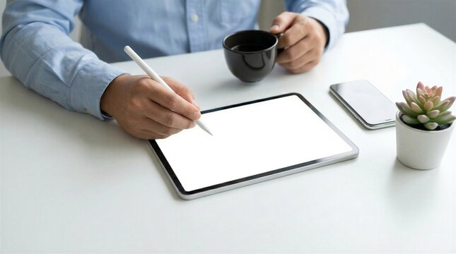 Creative product designer sketching digital wireframes and concept models on a blank tablet display to brainstorm innovative user interfaces, refine product aesthetics, and finalize design prototypes,
