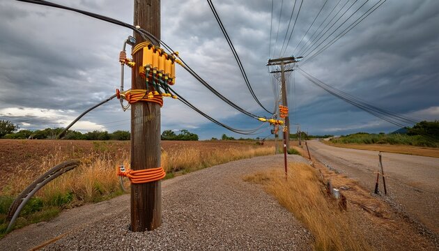 aerial fiber splice closure hanging on a messenger strand between weathered utility poles along an outside plant broadband route under overcast sky