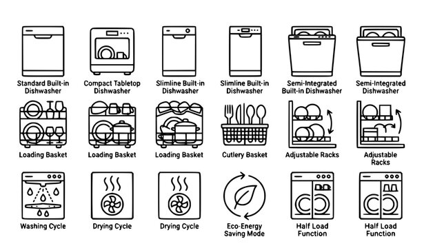 Dishwasher Features and Kitchen Appliance Icon Set with Line Art Symbols for Loading Baskets Washing Cycles Energy Saving Modes and Household Device Designs