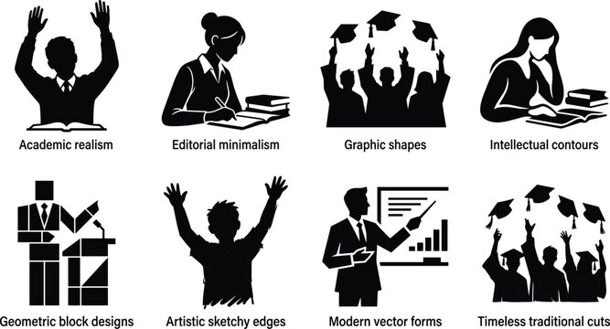 Education and graduation silhouette vector bundle featuring students studying writing teaching celebrating with graduate caps and presenting charts