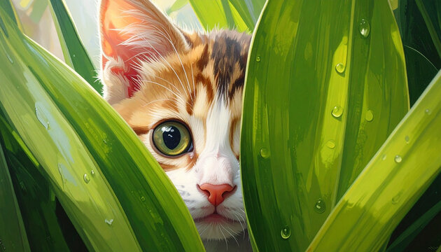 Curious Kitten Peeking Through Green Leaves