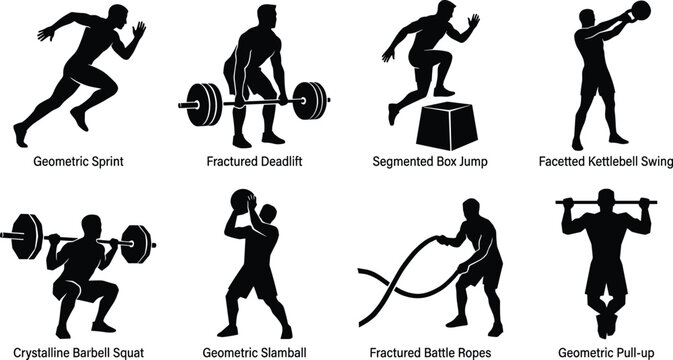 Fitness and cross training workouts icons set featuring athletes performing deadlift box jump kettlebell swing squats silhouettes