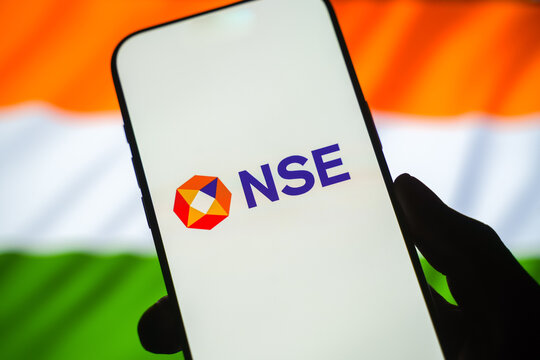 National Stock Exchange or NSE logo is displayed on the screen of a smartphone, in Bangalore, India, on February 12, 2026
